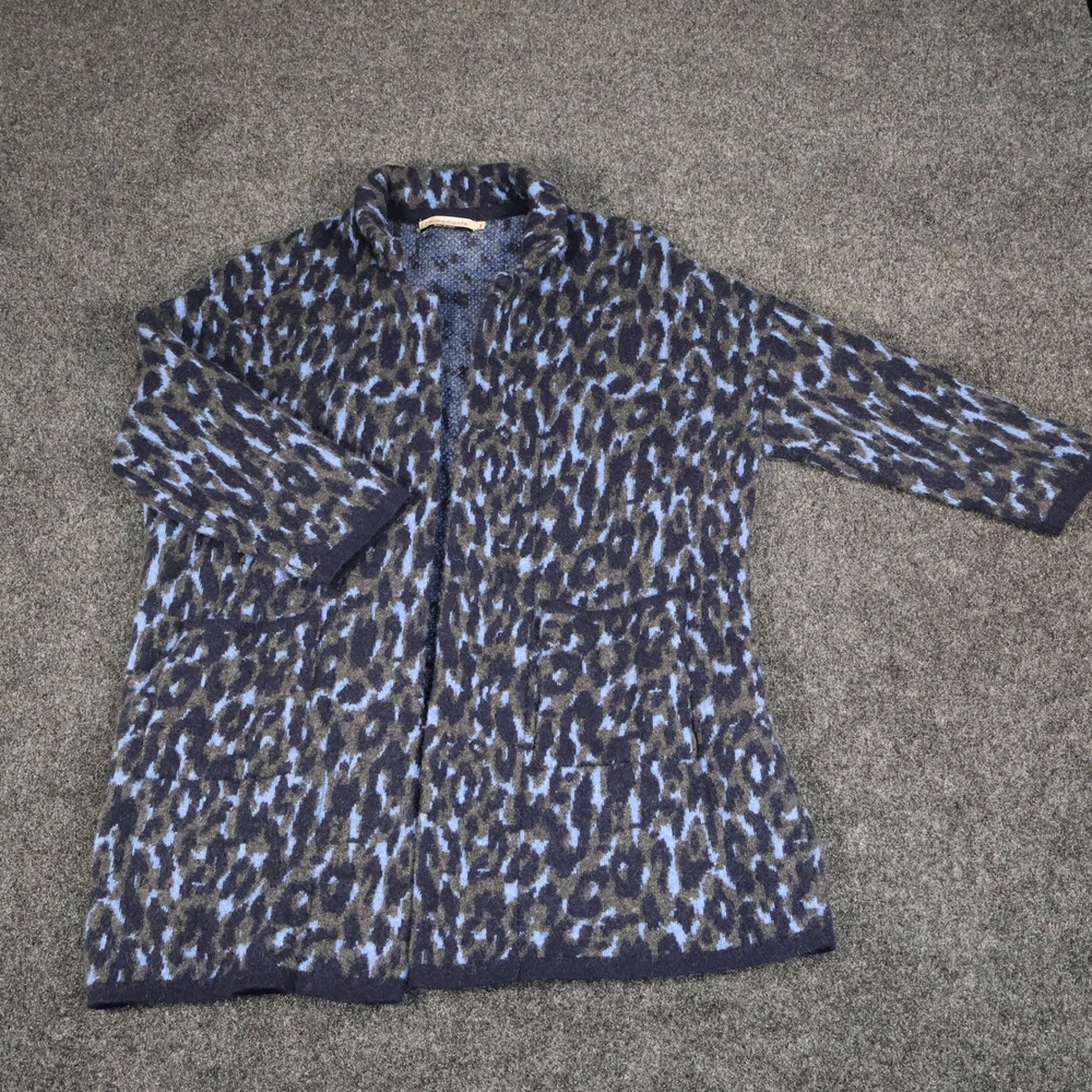 Chiaramente Italy Blue Leopard Wool Blend Open Front Cardigan Sweater Small
